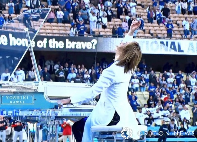 YOSHIKI performing piano at Dodger Stadium