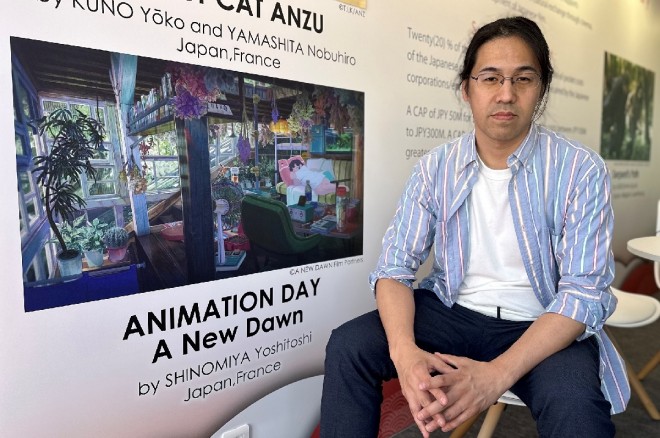 Director Yoshitoshi Shinomiya presenting his feature-length animation "A NEW DAWN" (Japanese title TBD) at the "Animation Day" Annecy Animation Showcase of the "77th Cannes International Film Festival" Marché du Film