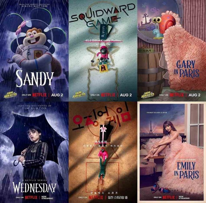 (Top) SpongeBob parody visual; (Bottom, from left) 'Wednesday,' 'Squid Game,' 'Emily in Paris'