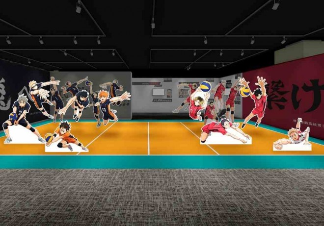 Standees of Karasuno and Nekoma players guide visitors toward the court-themed exhibit area. (Sample image)
