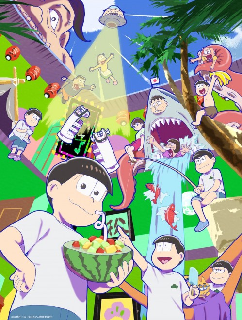 Mr. Osomatsu Season 4 main visual, illustrated by Eiji Abiko, shows the Matsuno brothers enjoying summer with surreal touches like a giant octopus and UFO.