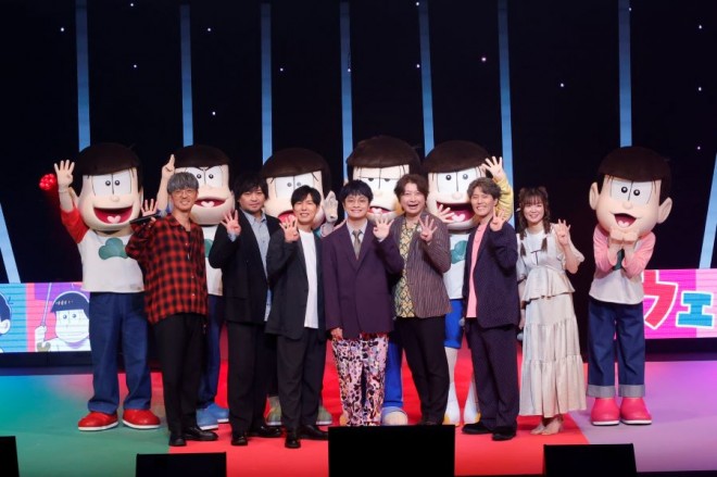 From left: Takahiro Sakurai, Yuichi Nakamura, Hiroshi Kamiya, Jun Fukuyama, Daisuke Ono, Miyu Irino, and Aya Endo at the Season 4 launch event