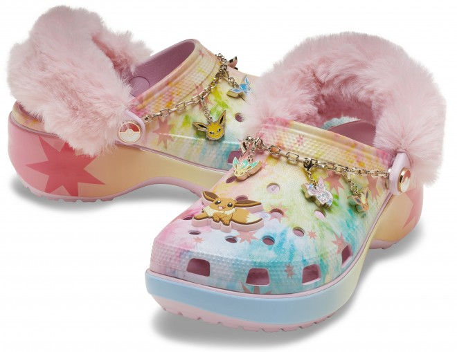 Colorful Pokémon x Crocs collaboration features Eevee-inspired platform clogs with faux fur strap