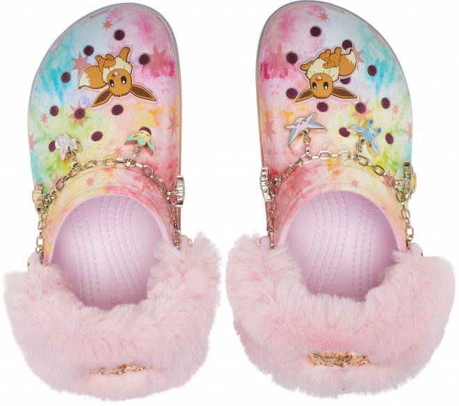 Colorful Pokémon x Crocs collaboration features Eevee-inspired platform clogs with faux fur strap
