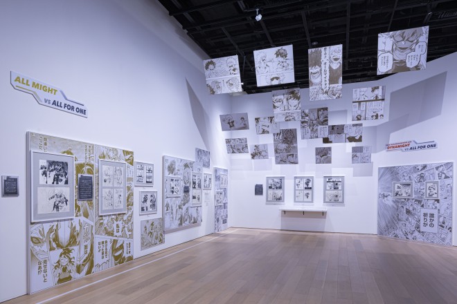 A powerful scene from the "My Hero Academia Original Art Exhibition" (Zone 4), capturing the final battle between heroes and villains. Featuring special illustrations by Kohei Horikoshi.