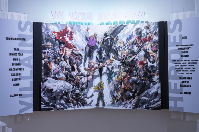 A powerful scene from the "My Hero Academia Original Art Exhibition" (Zone 4), capturing the final battle between heroes and villains. Featuring special illustrations by Kohei Horikoshi.