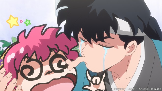 Scene cut from Ranma ½ Season 2 featuring newly introduced characters including Mousse, Cologne, and Happosai.