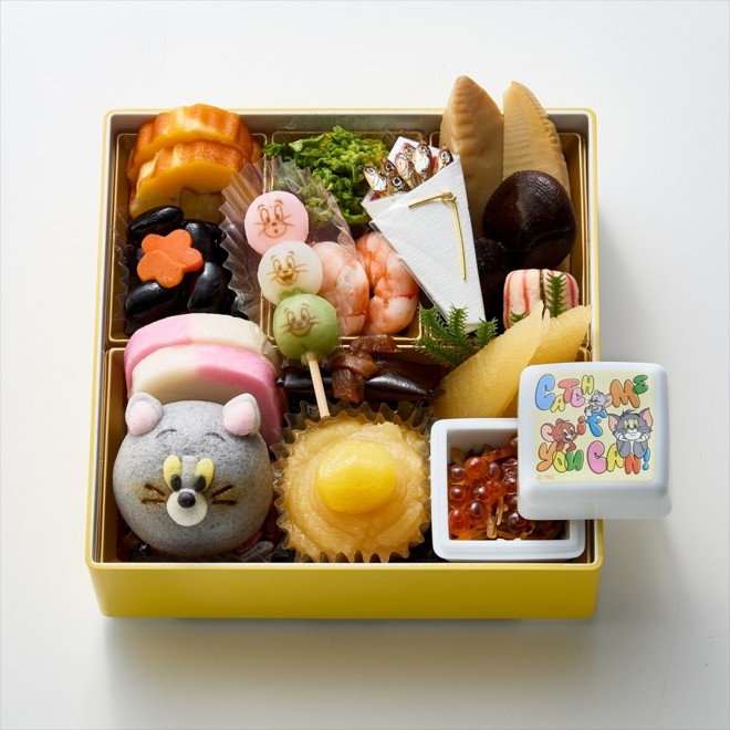 2026 two-tier Tom and Jerry Osechi set featuring traditional New Year dishes and cheese-inspired items.