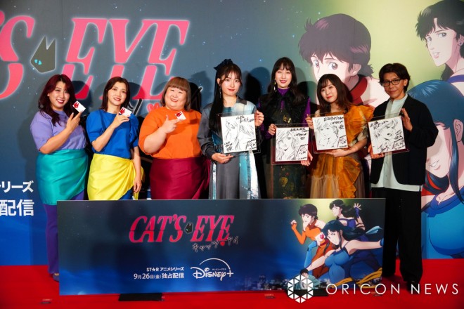 (from left) Yumecchi, Maki Fukuda, Kanade, Mikako Komatsu, Ami Koshimizu, Yumiri Hanamori, and Takuya Satō at the pre-release screening event for the anime Cat’s Eye