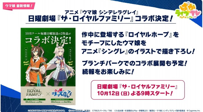 Illustration of Uma Musume characters Royal Hope and Oguri Cap from The Royal Family collaboration, featuring new acrylic stands and keychains.