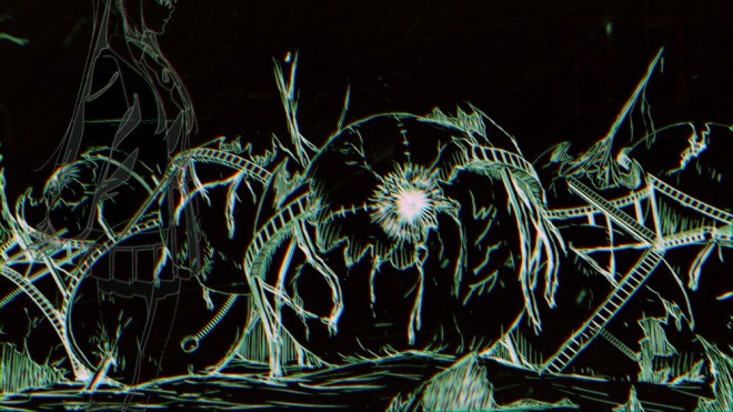 Screenshots from the PSYREN teaser PV showing a red phone booth and conceptual art  