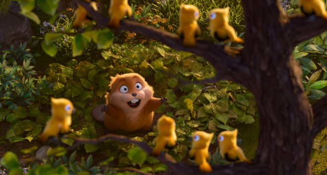 A scene from Disney and Pixar film When I Become a Beaver showing characters in a forest environment