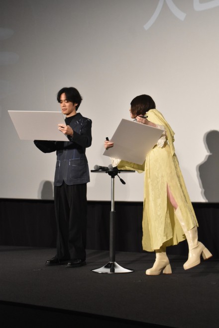 Kensho Ono and Reina Ueda (from left) attend the stage greeting for Mobile Suit Gundam Hathaway The Sorcery of Nymph Circe